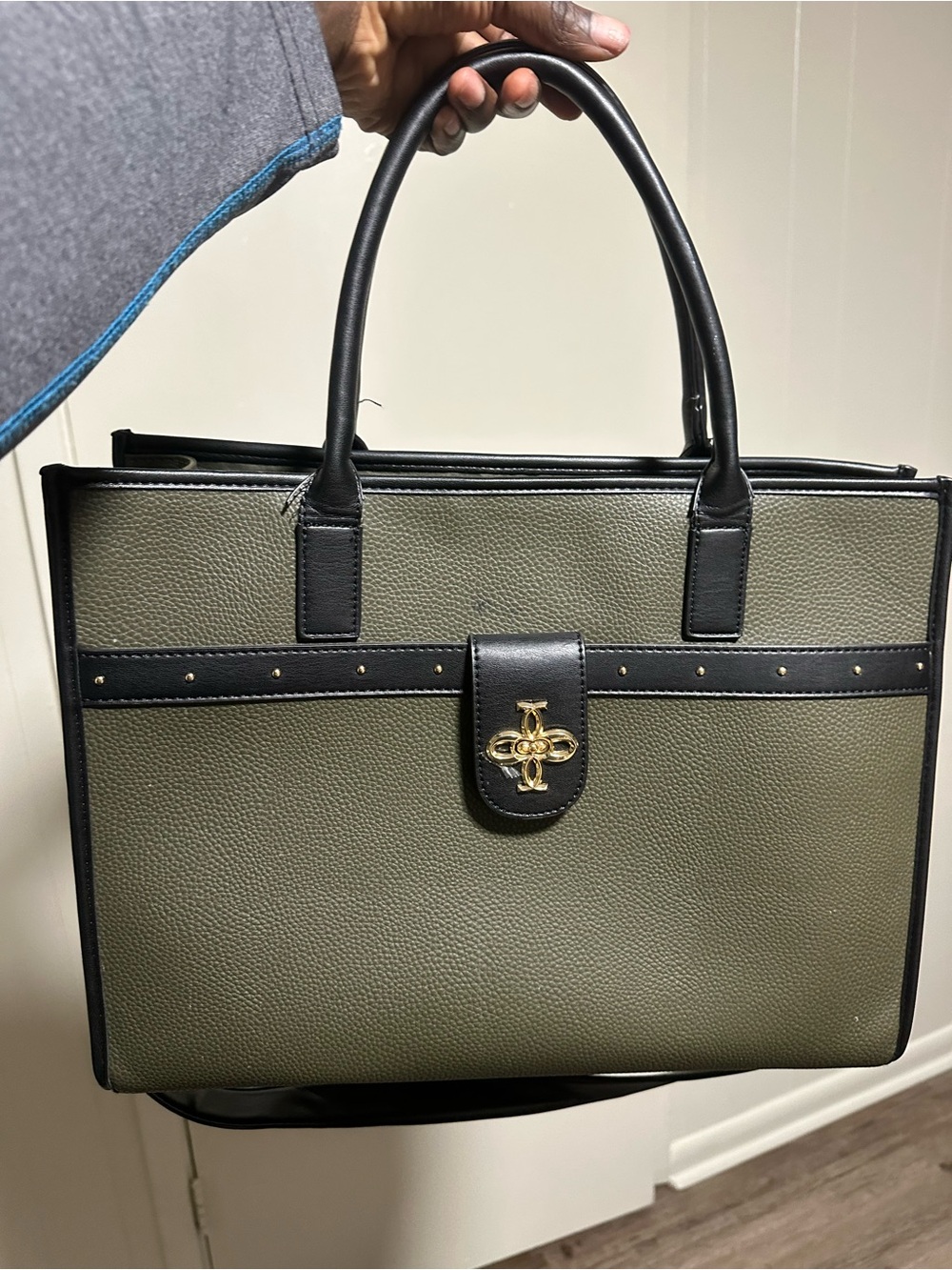 Olive Green Structured Tote with Black Trim - Women's Tote